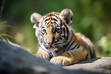 Fototapeta na wymiar Tiger cub in nature on summer forest background. Closeup animal portrait. Ai generated