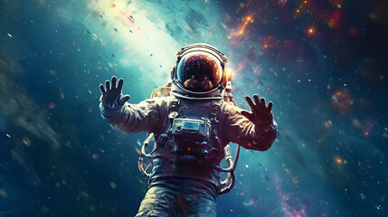 Fototapeta na wymiar astronaut in colorful space abstract background 4k created with Generative AI