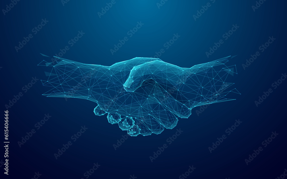 Wall mural Digital handshake on blue technology background. Abstract two hands in lines, connected dots, and triangles. Polygonal grid 3D vector illustration. Business partnership concept. Low poly wireframe.