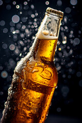 Cold beer in a bottle and water splash. Generative Ai image