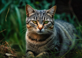 a gray tabby cat sitting in the grass
