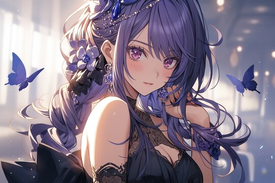 cute anime punk girl with violet hairs, illustration, generative ai