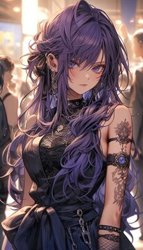 cute anime punk girl with violet hairs, generative ai
