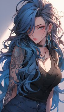 Very Beautiful blue haired anime punk girl, illustration, generative ai