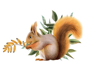 Watercolor orange squirrel with green and yellow leaves illustration of small woodland animal isolated on white background