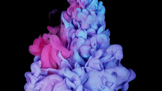 Chromatic Flow: Pink, Lilac, and Blue Ink Drops Exhibiting Fluid Movement in Water, Filmed in Slow Motion