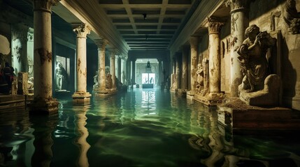 Submerged Heritage: Flooded Museum Interior made with Generative AI