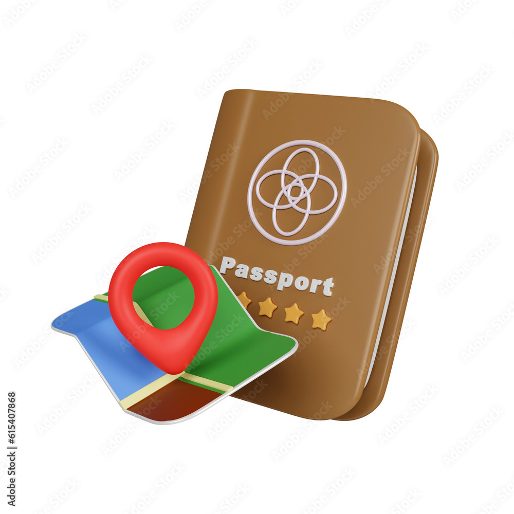 Poster 3d brown passport and folded map and location pin isolated. minimal navigation. icon isolated on whi