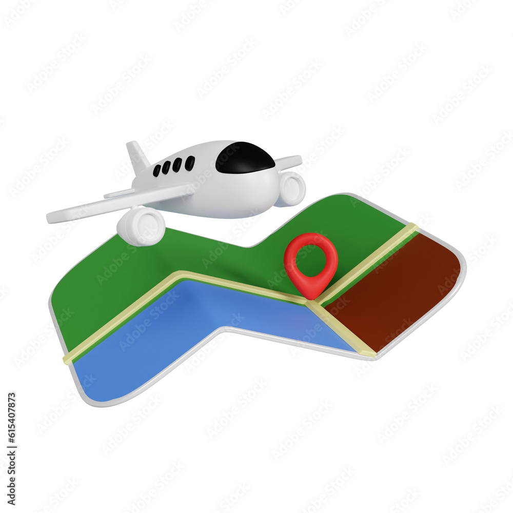 Poster 3d an air plane and folded map and location pin isolated. minimal navigation icon. icon isolated on 