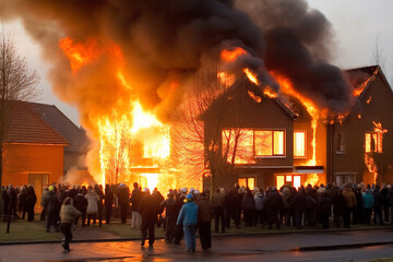 Fire, burning house, flames coming out of windows.