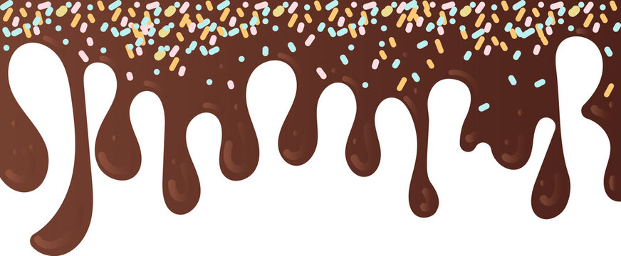 Chocolate soft ice cream, splashes of sweet candies, long border.