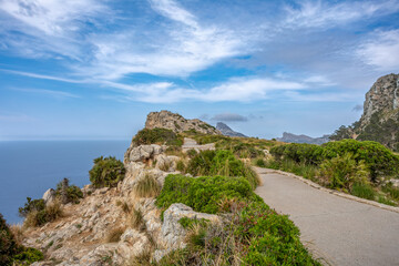 View from Mirador de Es Colomer, Peninsula de Formentor, Balearic Islands Mallorca Spain. Travel agency vacation concept.