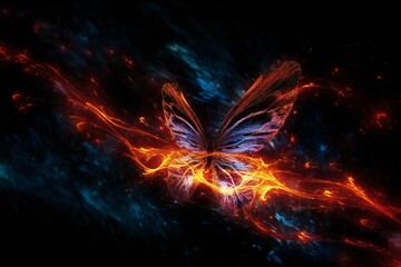 Abstract glowing fiery butterfly flying on black background and leaving red and blue fire trail behind Generative AI