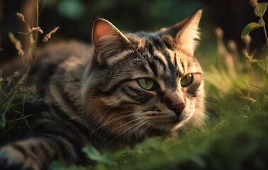 a cat lay down laying on grass