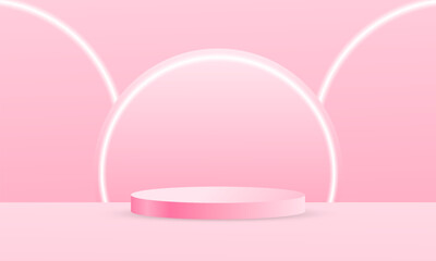 Pastel pink podium for product promotion, with and neon light elements
