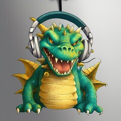 green sinister dragon in headphones