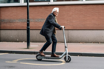 Elderly in casual clothes uses electric scooter for transportation.