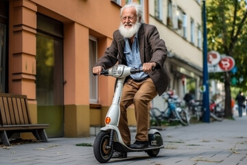 Elderly in casual clothes uses electric scooter for transportation.