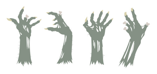 Cartoon zombie arms. Halloween creepy bony hands, living dead monsters scrawny hands. Horror zombie hand flat vector illustration set