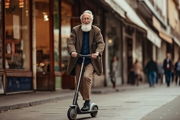 Elderly in casual clothes uses electric scooter for transportation.