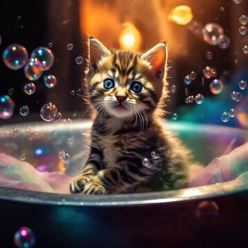 image of a small kitten taking a bath with soap bubbles,generative ai