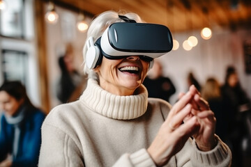 Happy senior woman with VR glasses.