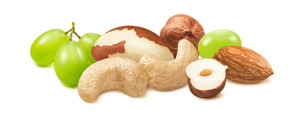 Green grapes, cashew, almond, hazelnut and brazil nuts isolated on white background