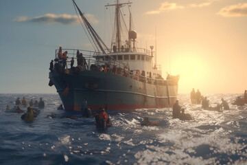 Fototapeta premium Migrants in an overcrowded boat cross the sea.