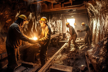 Miners work in a mine. Hard mining work underground.