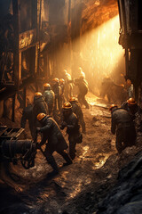Miners work in a mine. Hard mining work underground.