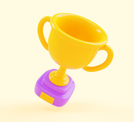 Rank trophy, gold cup icon 3d render. Winner award for first place in game. Cartoon golden goblet on purple base, prize or reward for achievement, sport victory isolated on background. 3D illustration