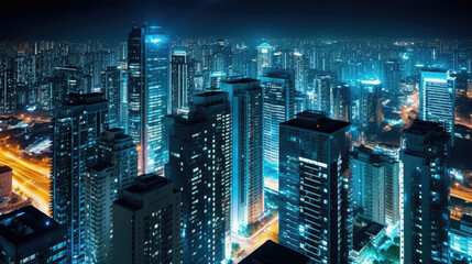 city skyline with skyscrapers illuminated at night. generative ai