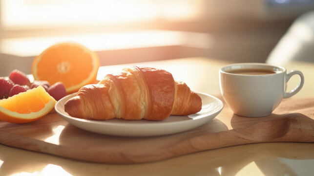 breakfast with croissant, coffee and fruit. generative ai