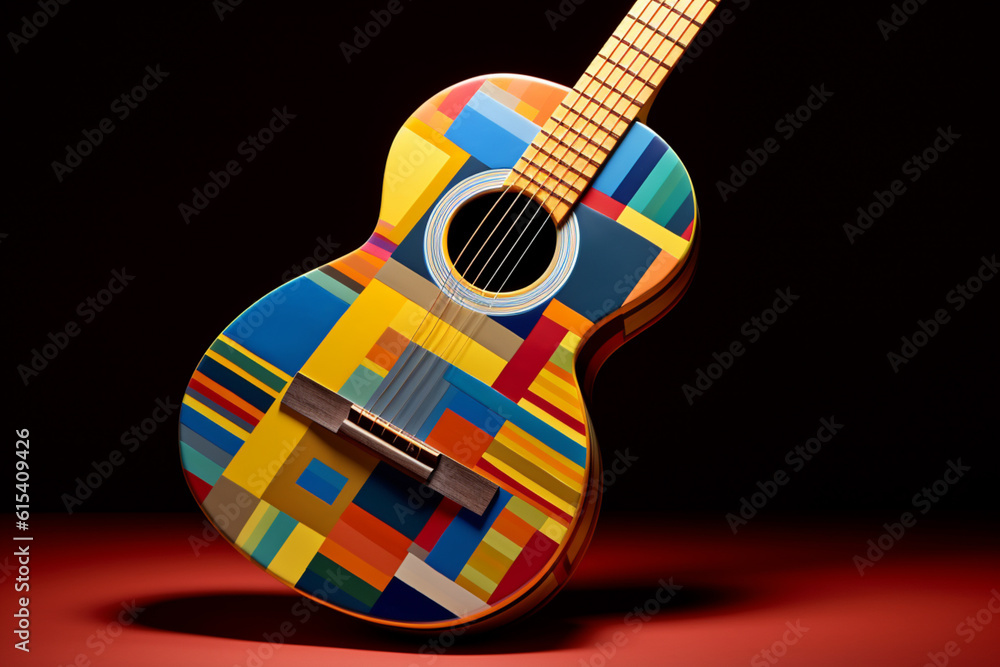 Aufkleber An image depicts an abstract geometric style illustration of a guitar, where its body and strings are composed of a combination of geometric patterns and bold, Generative AI technology