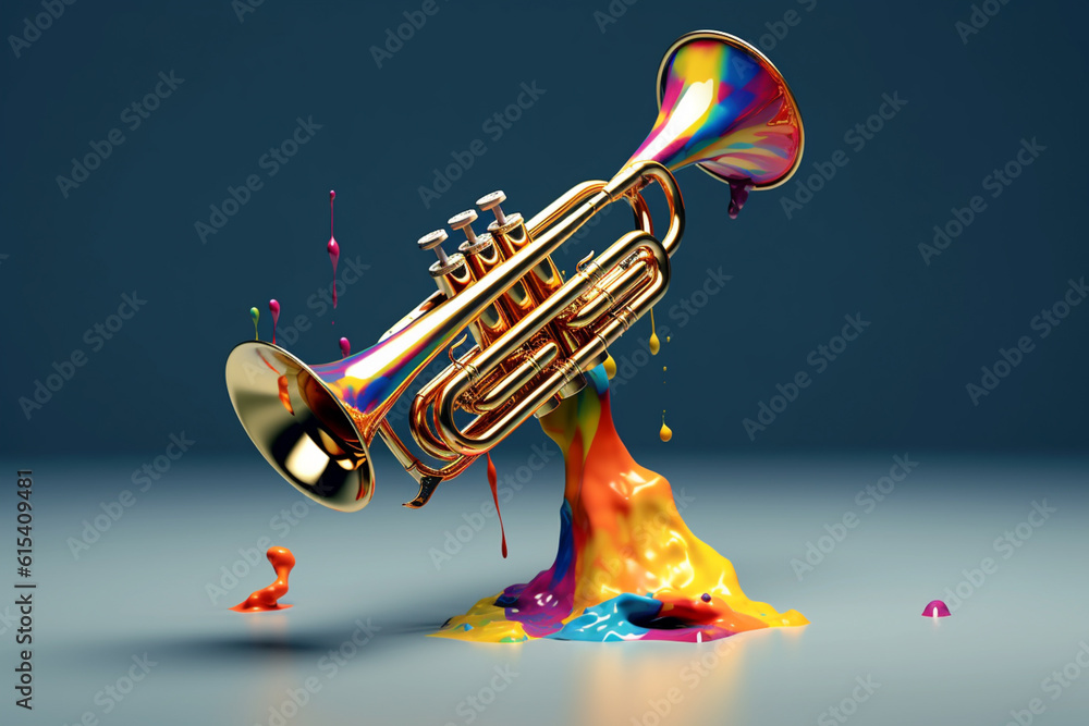 Poster An image presents an abstract geometric style illustration of a trumpet, where its brass body is depicted using a combination of angular geometric shapes. Generative AI technology