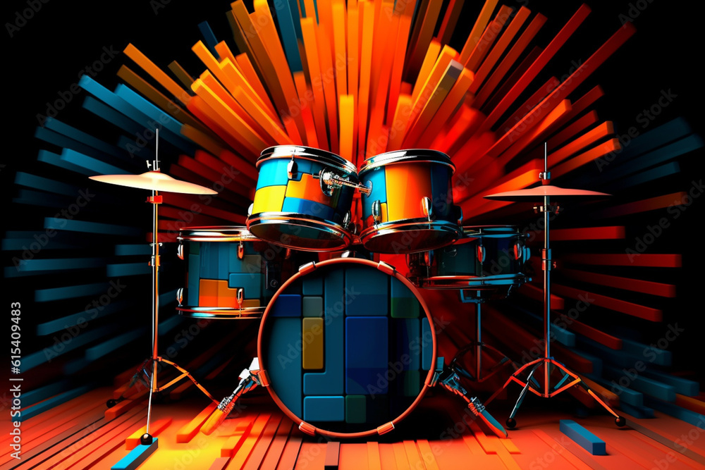 Aufkleber A trending image depicts an abstract geometric representation of a drum set, with each drum and cymbal rendered as a unique geometric shape. Generative AI technology