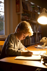 Child reading and studying at table. Child do his homework