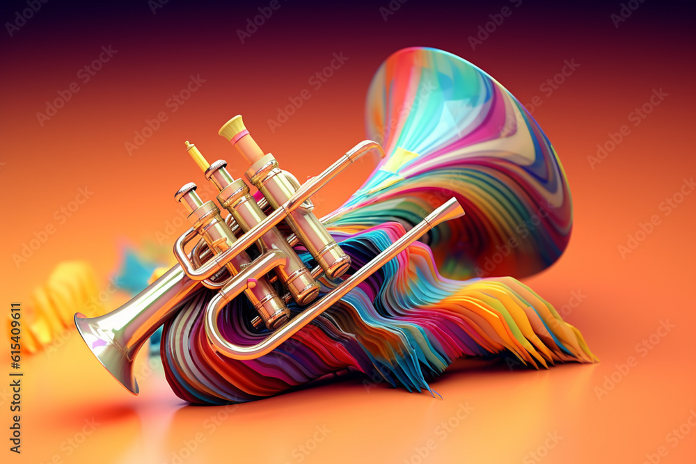 Poster an abstract geometric style rendering of a trumpet, with its curved body and strings composed of int