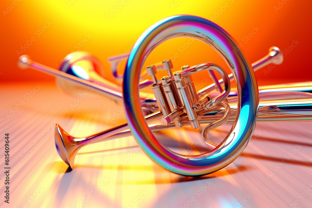 Aufkleber An abstract geometric style rendering of a Trombone, with its curved body and strings composed of intersecting geometric shapes and soft, soothing color gradients. Generative AI technology