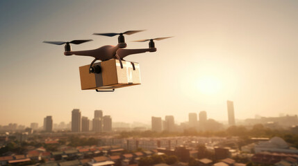 Delivery drone flying through the city, transporting packages.
