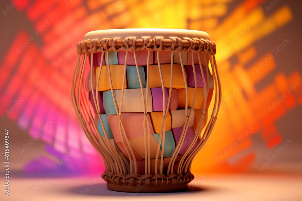Poster An abstract geometric style rendering of a Djembe, with its curved body and strings composed of intersecting geometric shapes and soft, soothing color gradients. Generative AI technology