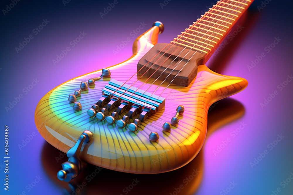 Poster An abstract geometric style rendering of a Sitar, with its curved body and strings composed of intersecting geometric shapes and soft, soothing color gradients. Generative AI technology