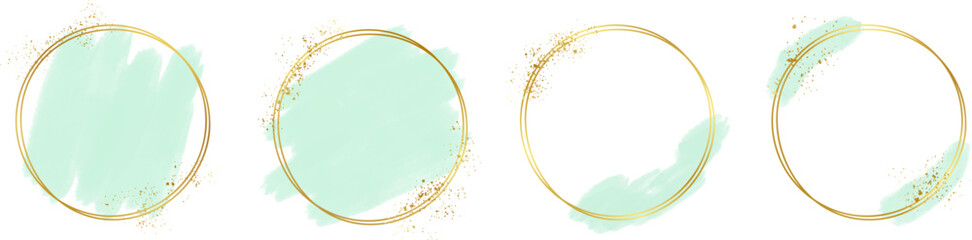 Gold frame with abstract splashes of green watercolor brush strokes for logos, banners, cards, covers, flyers, and posters, watercolor strokes with gold frame