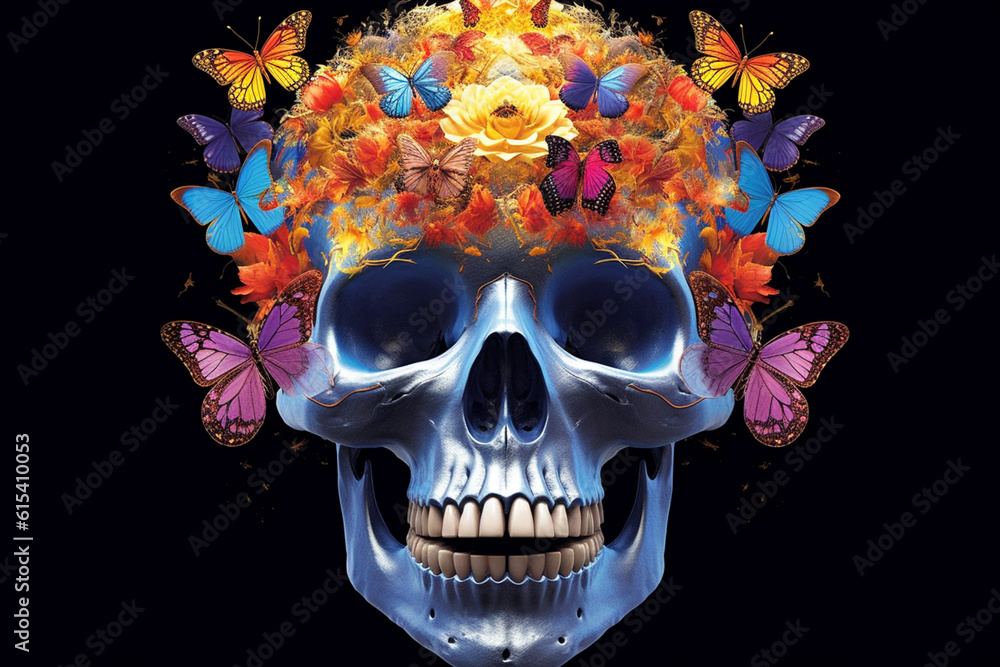 Poster a popular image presents a dreamlike fusion of a butterfly and a skull. generative ai technology