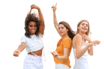 Three young smiling hipster women in summer clothes posing on a transparent background. Female showing positive face emotions. Dancing.