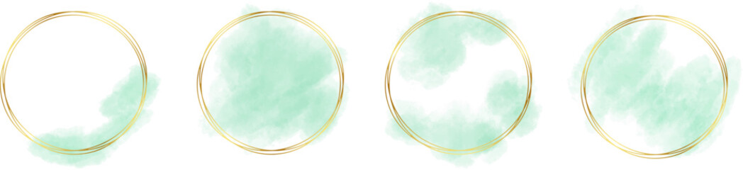 Gold frame with abstract splashes of green watercolor brush strokes for logos, banners, cards, covers, flyers, and posters, watercolor strokes with gold frame