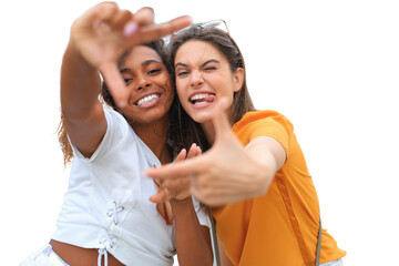 Cute young girls friends having fun together, taking a selfie on a transparent background