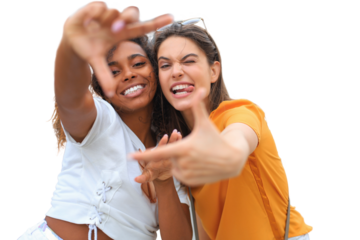 Cute young girls friends having fun together, taking a selfie on a transparent background