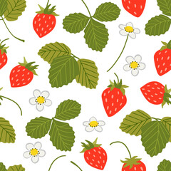 Strawberry vector seamless pattern. Sweet red berries, white flowers, leaves isolated on white. Summer plants, fruits background. Hand drawn cartoon wild woodland strawberry illustration