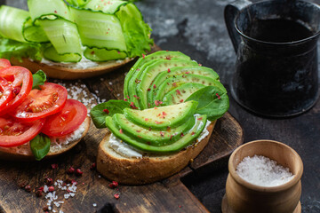 Sandwiches with tomato, avocado and cucumber